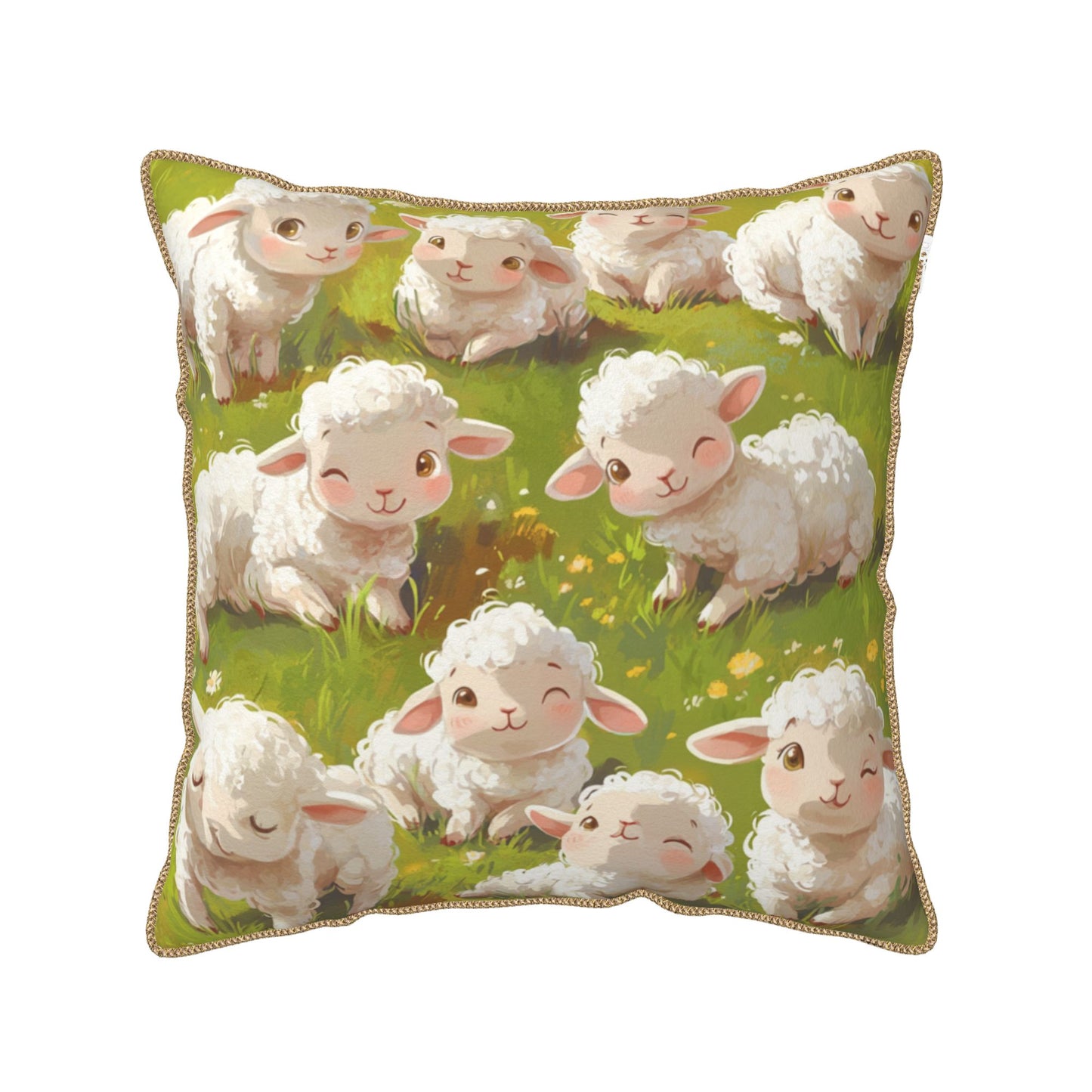 Whimsical Meadow Lambs Digital Print Pillow Cover