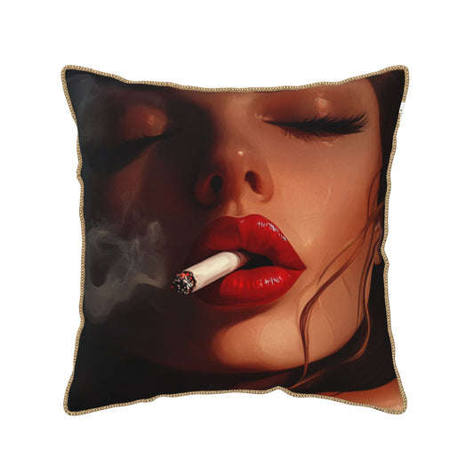 Urban Noir – Red Lips & Smoke Digital Print Pillow Cover