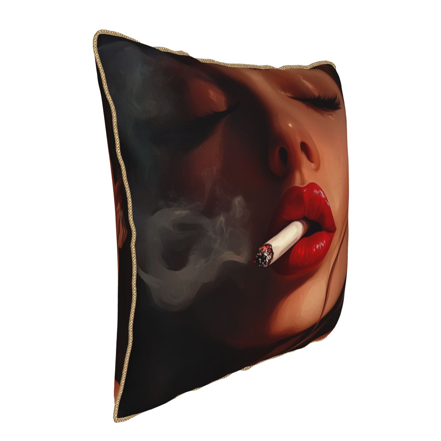 Urban Noir – Red Lips & Smoke Digital Print Pillow Cover