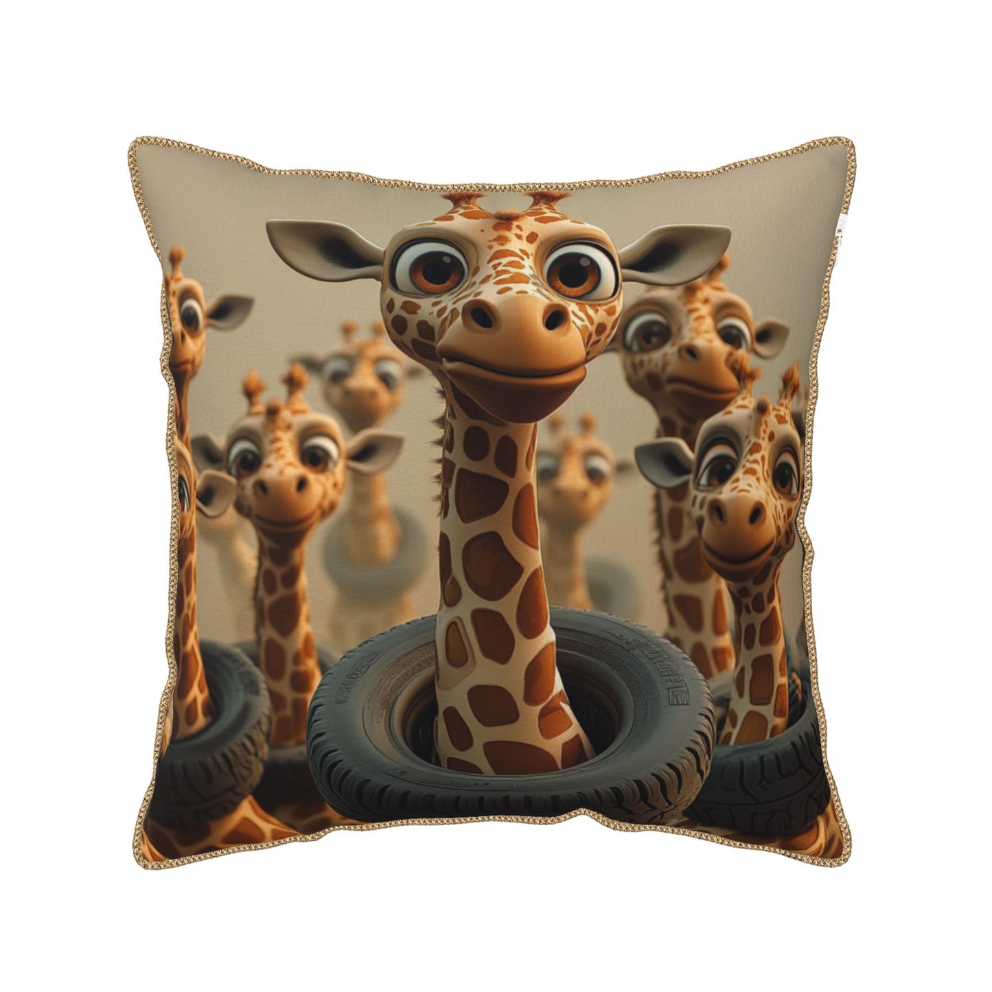 Playful Giraffes in Tires Digital Print Pillow Cover