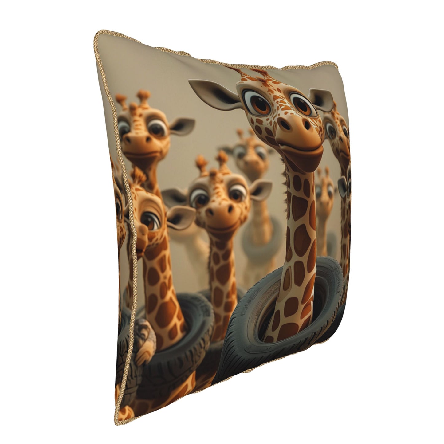 Playful Giraffes in Tires Digital Print Pillow Cover