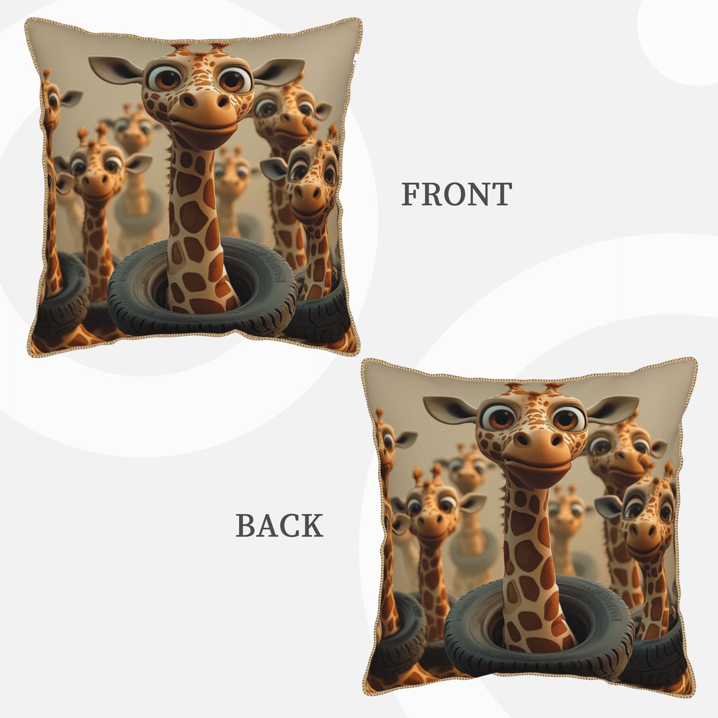 Playful Giraffes in Tires Digital Print Pillow Cover