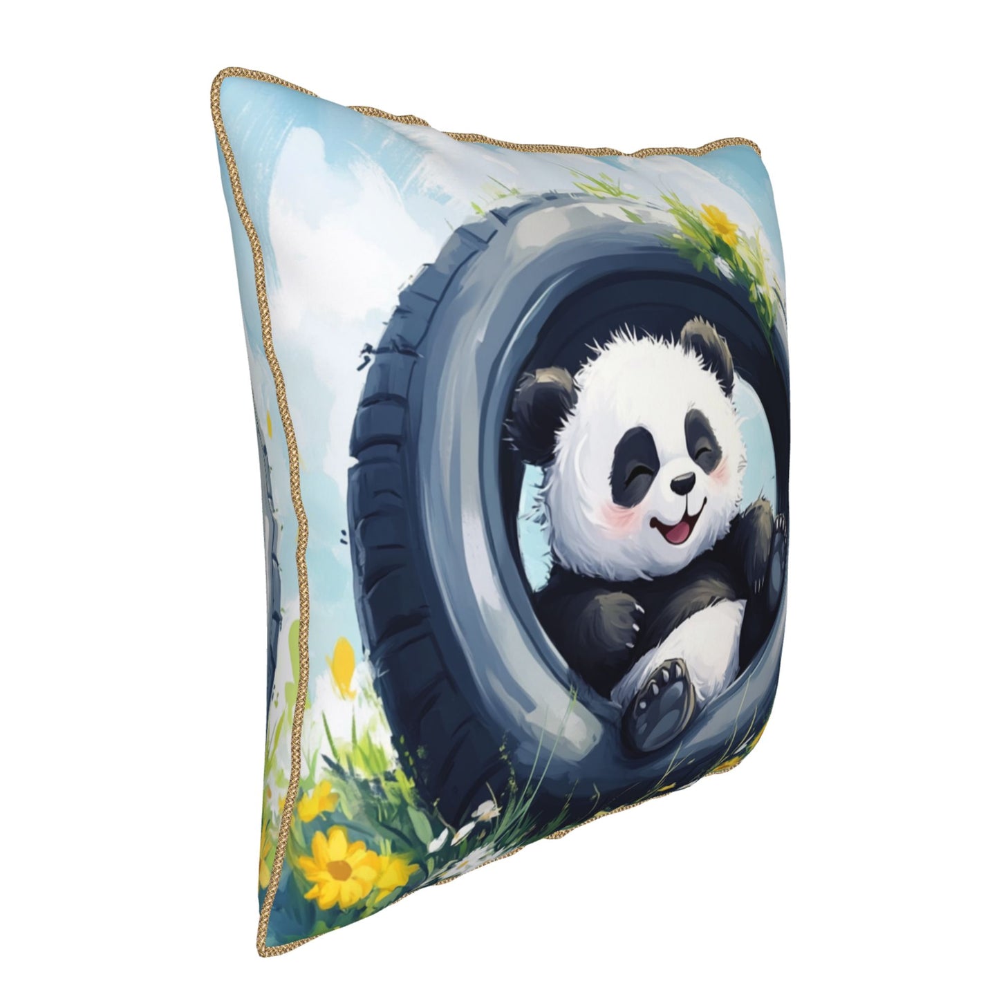 Country Bloom Lazy Panda in Tire Pillow Cover