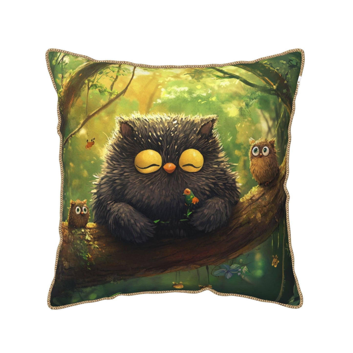 Forest Siesta – Adorable Fluffy Owl Digital Print Pillow Cover