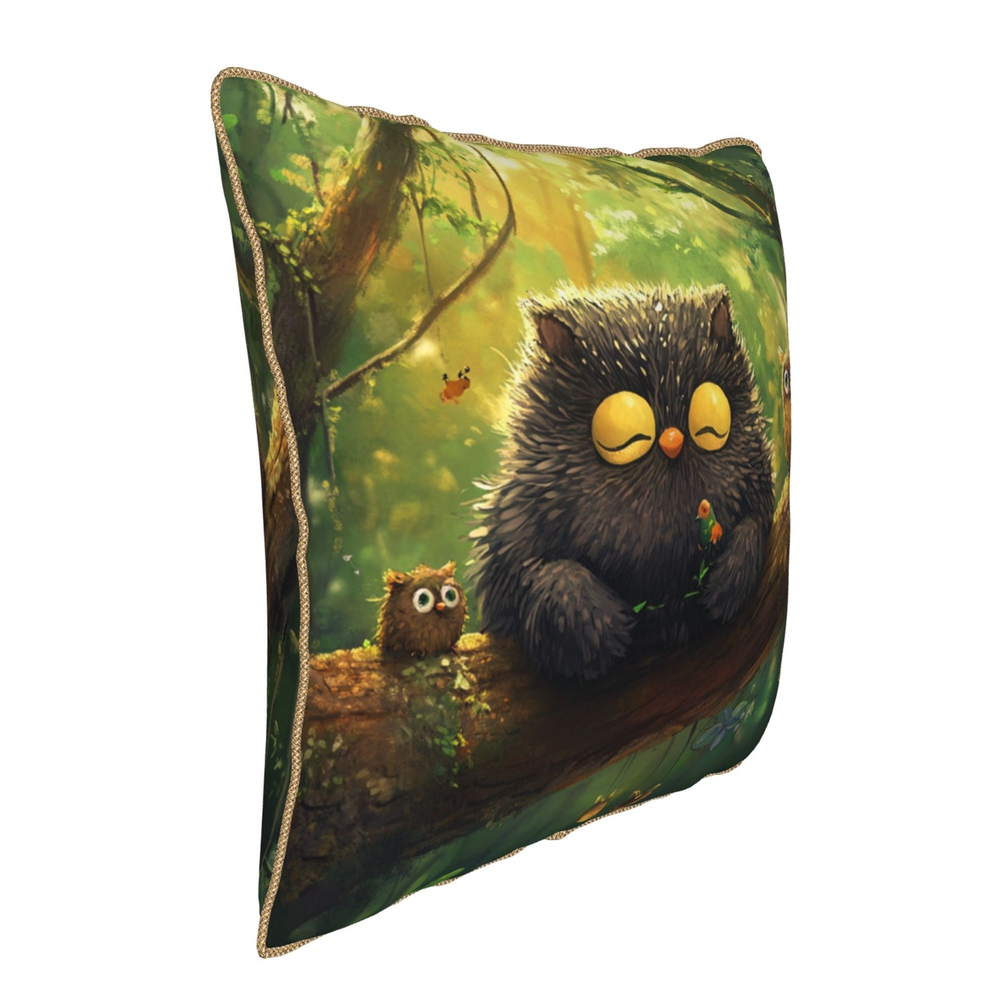 Forest Siesta – Adorable Fluffy Owl Digital Print Pillow Cover