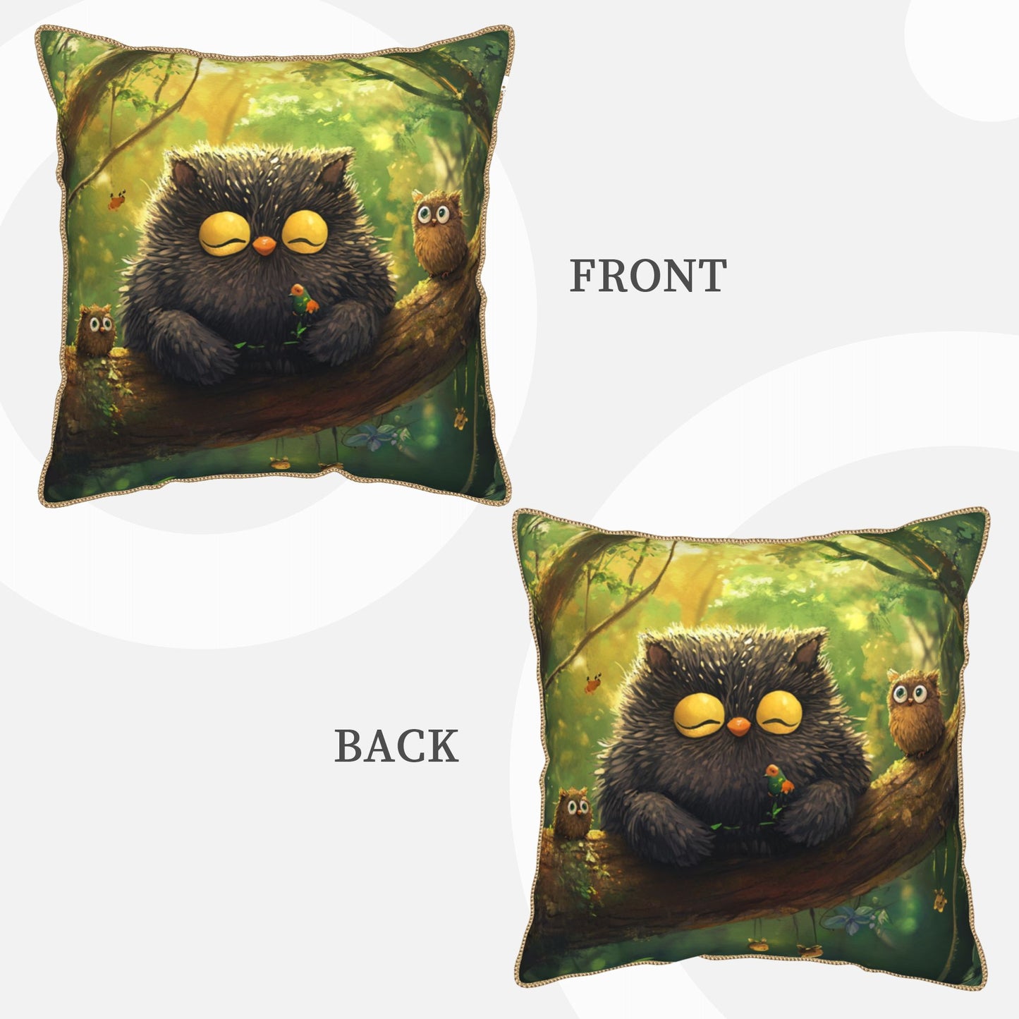 Forest Siesta – Adorable Fluffy Owl Digital Print Pillow Cover